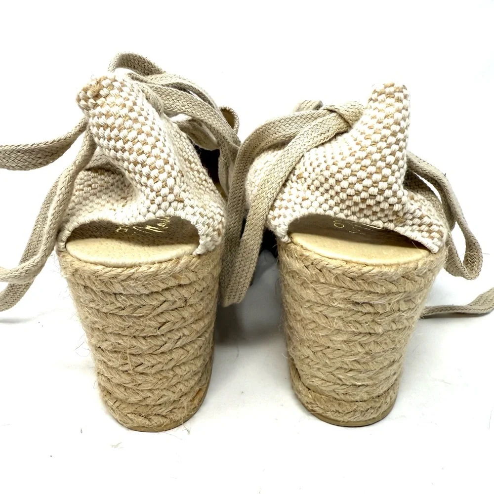 Andre Assous Lennon Espadrille Wedge Sandals 9.5 Woven Luxury Boho Beige Tie‎